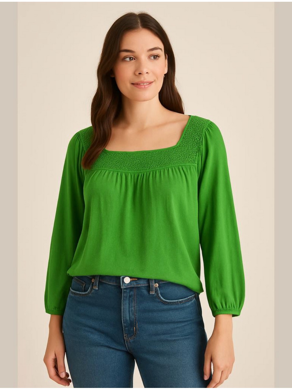 Old Navy Bright Green Square-Neck Smocked Yoke Blouse
